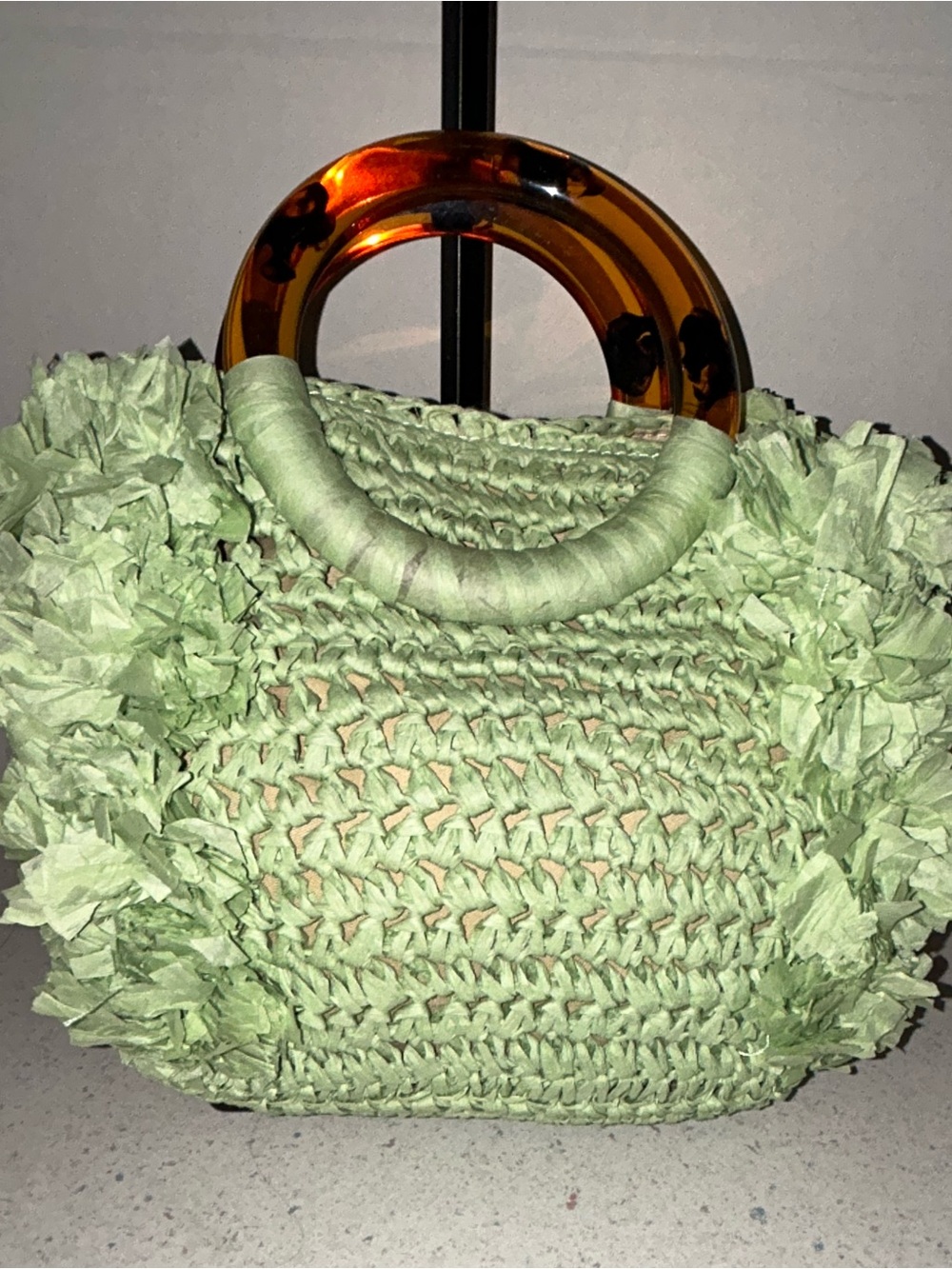 Green Straw Crossbody with Tortoiseshell Handle